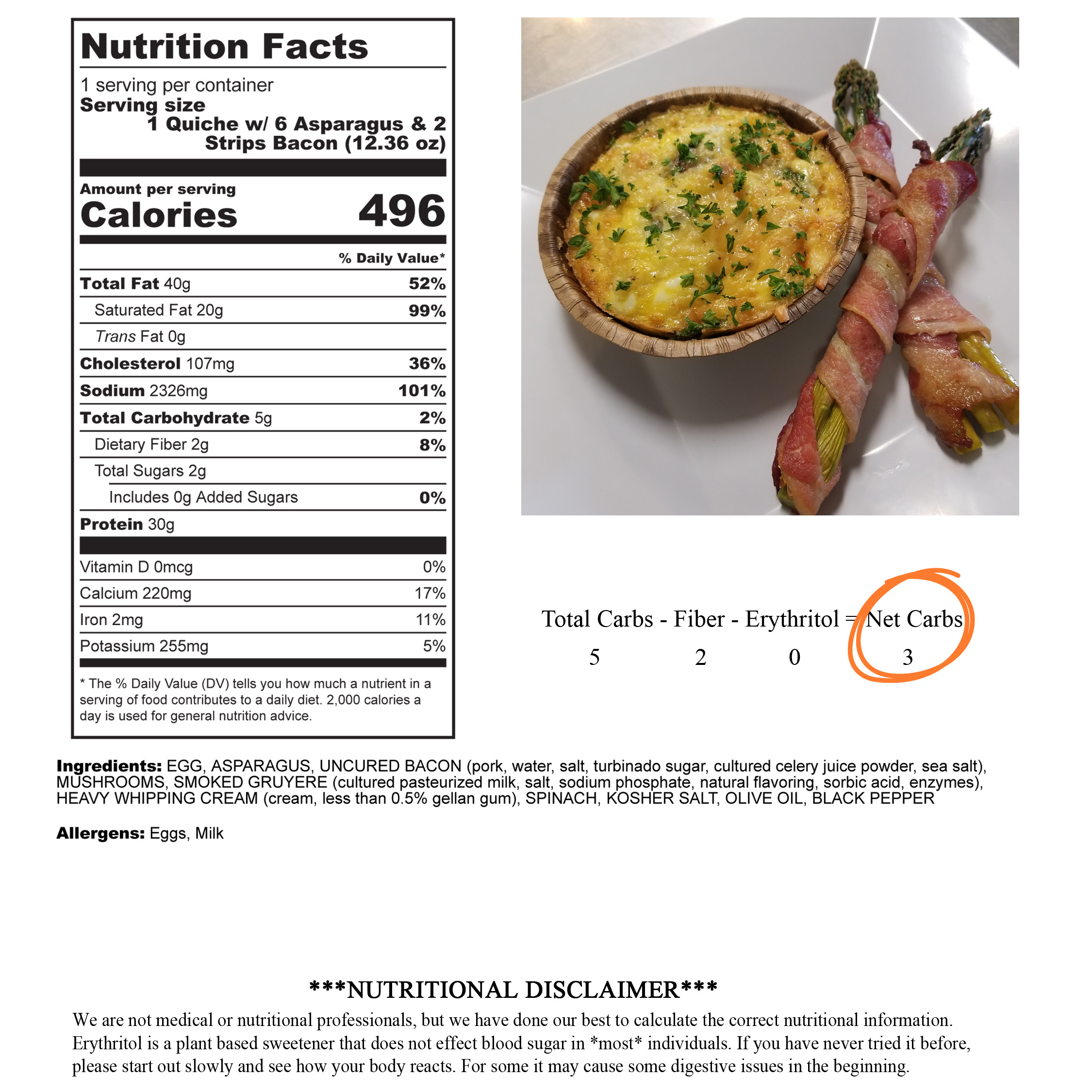 mp quicheasparagusbaconnutrition label net carbs photo and disclaimer